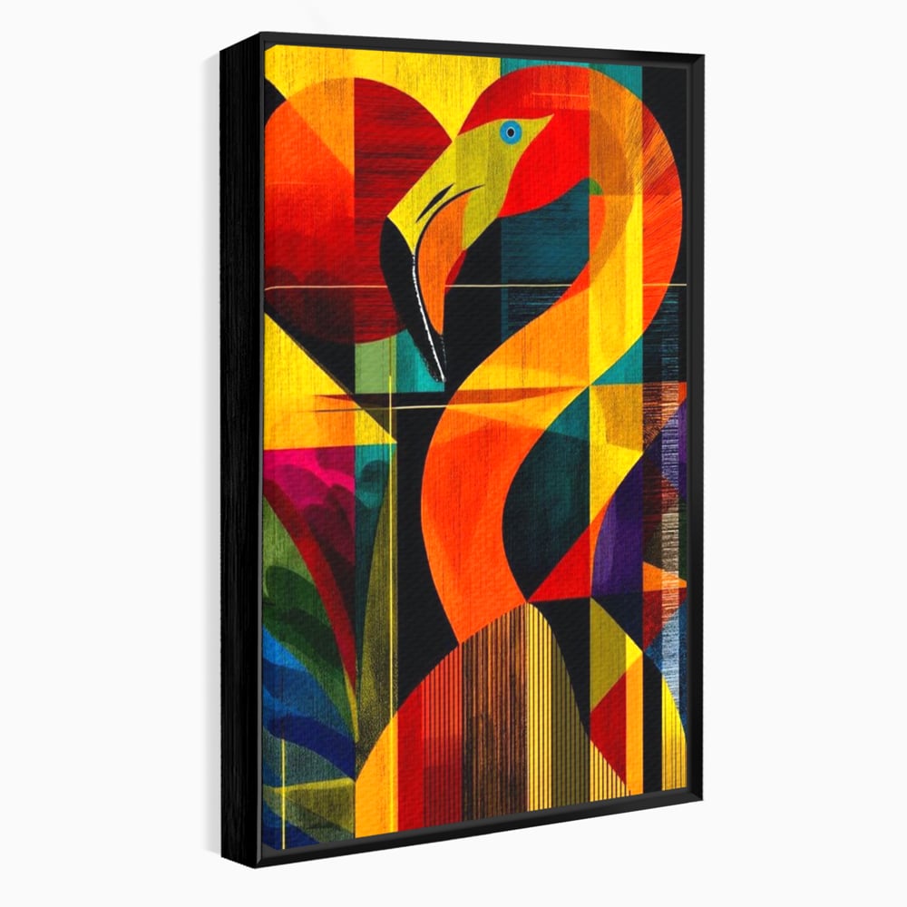 Tablou canvas cu tablou canvas cu flamingo geometric, in rama de aluminiu negru
